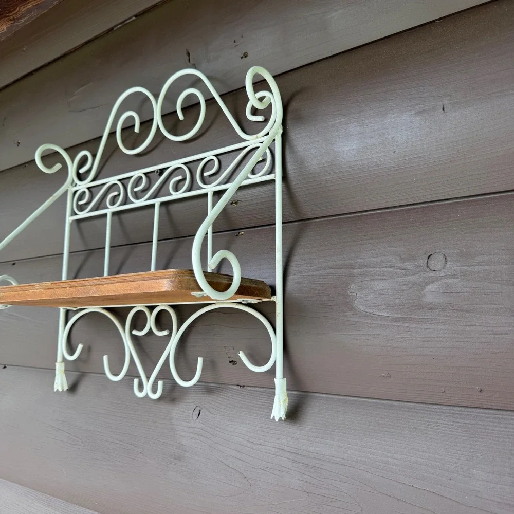 Vintage Wrought Iron Wall Shelf White Scrollwork Wood Inlay Cottagecore 16x14